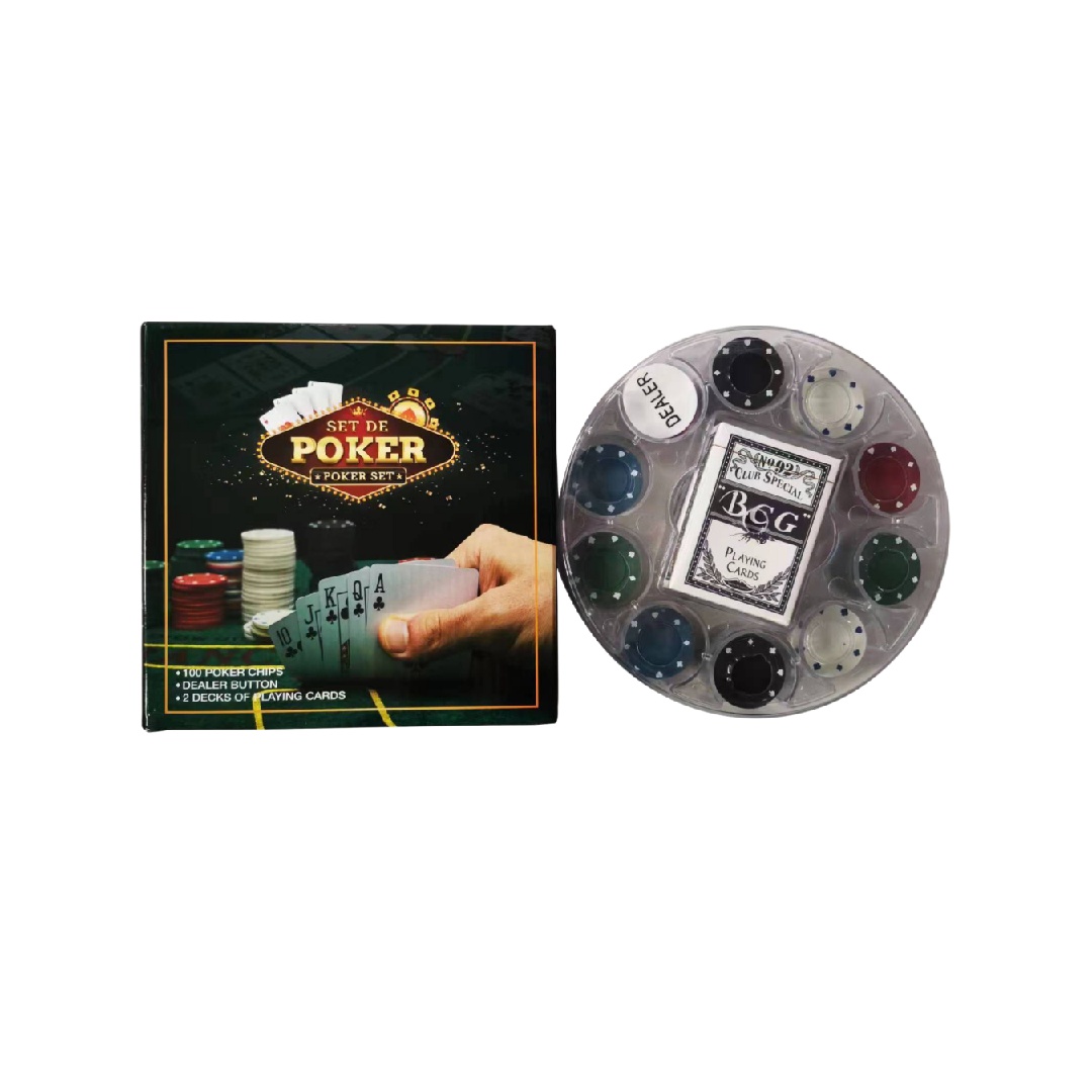 POKER SET IN PLASTIC REVOLVING RACK-100pcs 4G poker chip in plastic revolving rack, 2 deck cards,1 dealer