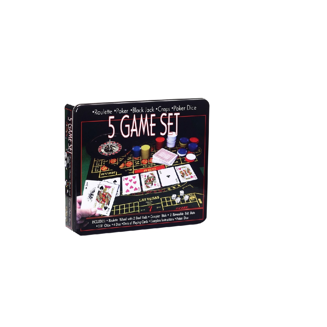 5 Games Set -1 Roulette Wheel with 2 Steel Balls, 1 Croupier Stick, 2 Felt Mat, 100pcs Chips, 4 Dices, 1 Deck Cards,
